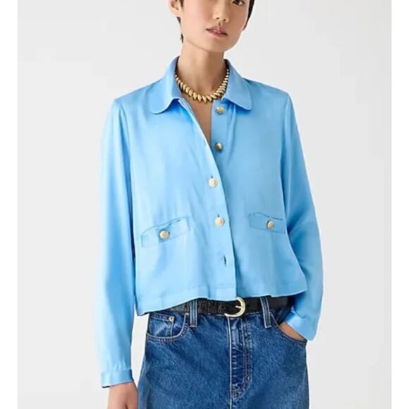 J.Crew Lady Shirt Jacket Luster Crepe Satin Viscose Gold Buttons Ivory Large NWT - Picture 2 of 13